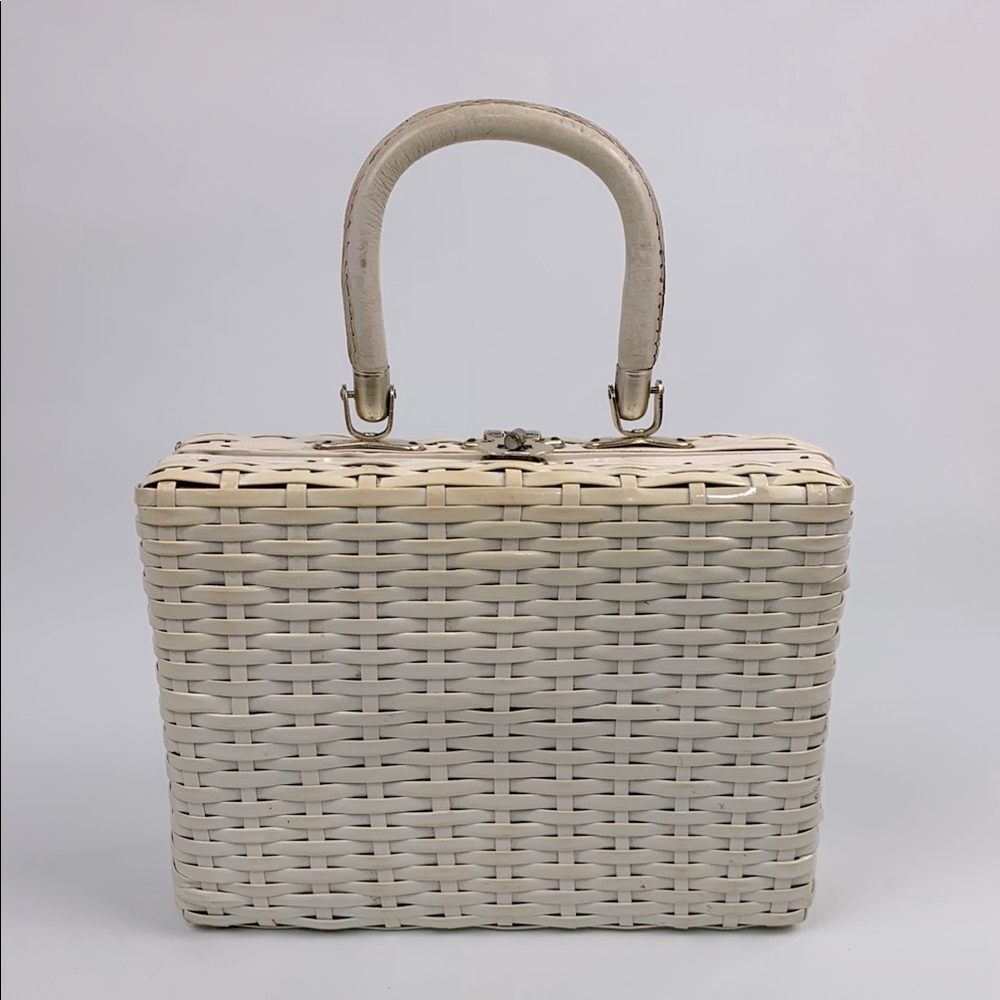 Vintage Retro SIMON Cream White Woven structured Handbag Silver turnkey clasp